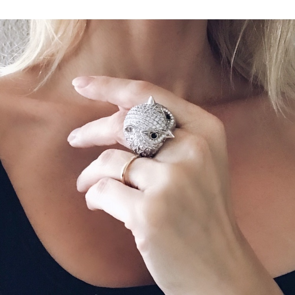 Large, crystal, 14k white gold Owl cocktail ring